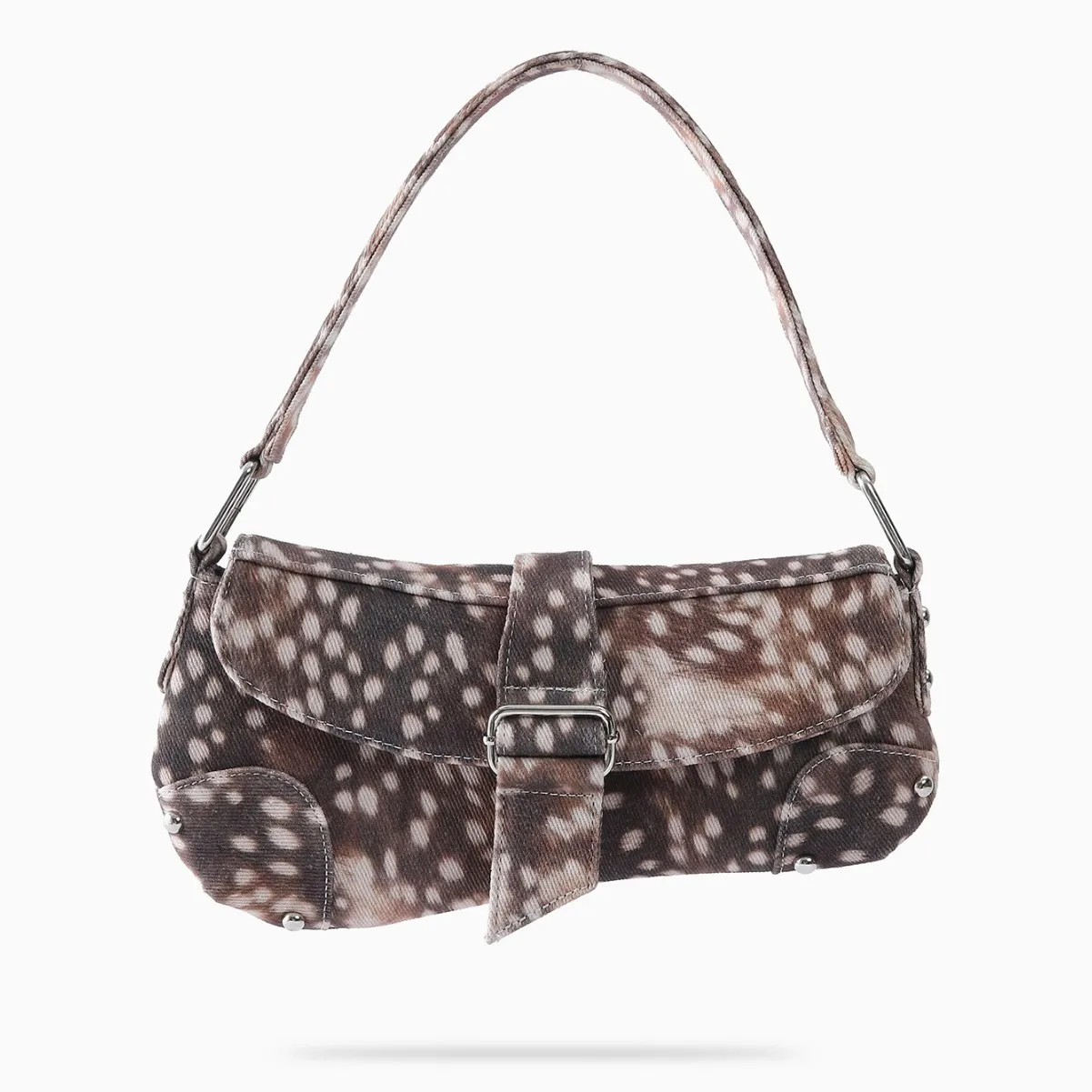 Women Deer Print Asymmetrical Underarm Bag, Vintage Distressed Rivet Shoulder Bag, Street Style Animal Print Handbag