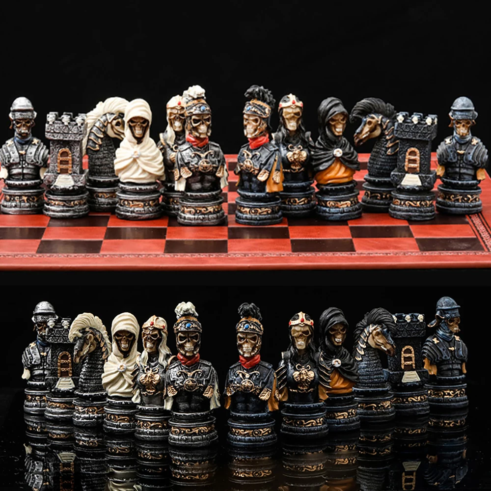 Horror Theme Chess Resin Material Hand-painted 32 Pieces with Embossed Leather Chess Board Gift Board Games Can Choose From Many