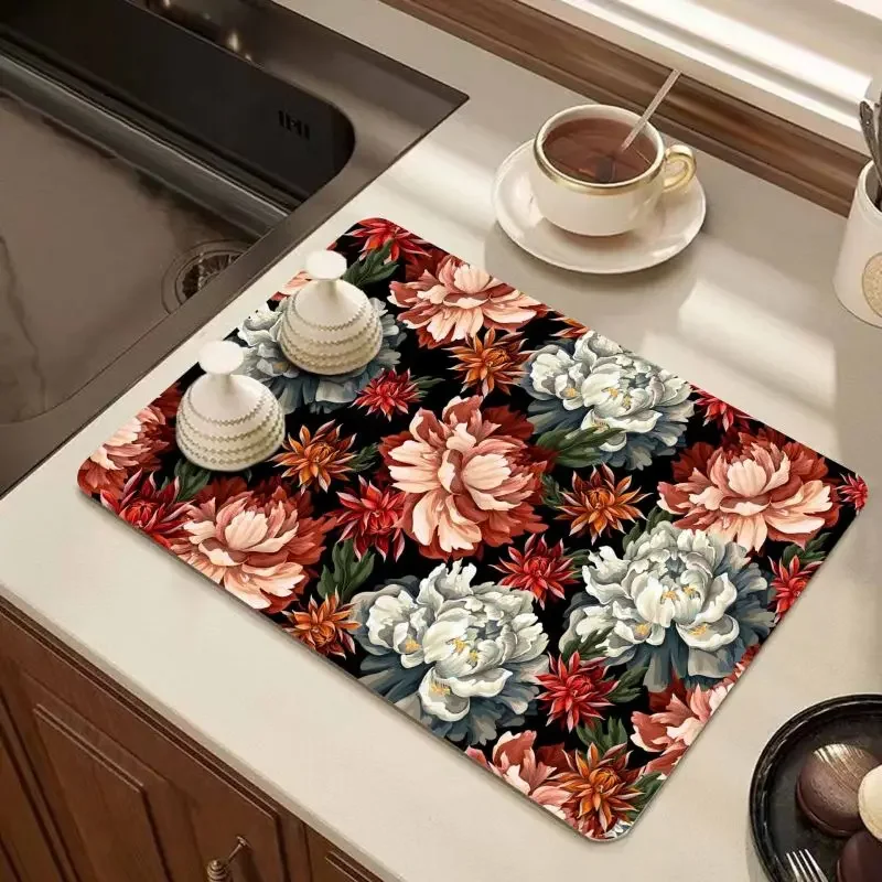 Quick Dry Dish Drying Mat Flower Rubber Tableware Draining Pads Rug Kitchen Dinnerware Placemat Super Absorbent Coffee Drain Pad