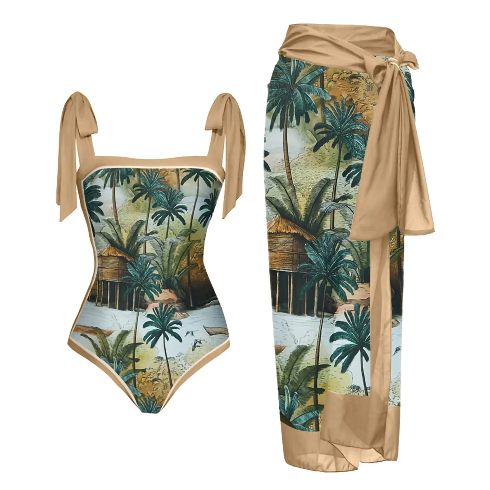 Ladies Vintage Colorblock Abstract Floral Printing 1 Piece Swimwear And 1 Piece Cover UP Swimsuit Monokini Two Piece Suits