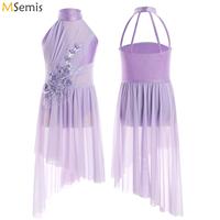 Girls Applique Ballet Figure Skating Dress Rhinestone Gymnastics Leotard Dress Sleevesless Mesh Splice Competition Dance Costume