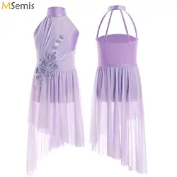 Girls Applique Ballet Figure Skating Dress Rhinestone Gymnastics Leotard Dress Sleevesless Mesh Splice Competition Dance Costume