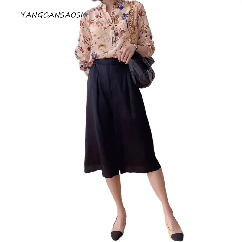 

Women's Fashion Autumn Clothing Black Versatile Elastic Waist 93% Natural Mulberry Silk Elastic Satin A-line Mid Length Skirt