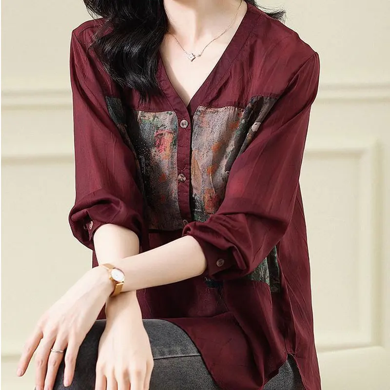 Fashion Loose Printed Spliced Blouse Burgundy Casual Commute V-Neck Button Women\'s Clothing Korean 2023 Spring Long Sleeve Shirt