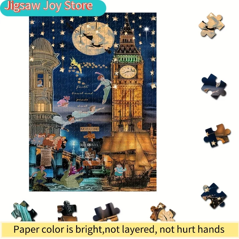 لغز 1000 قطعة بشخصيات كرتونية تينكر بيل وبيتر بان وبرج الساعة القمرية، لعبة تعليق على الحائط للكبار، هدية تفاعلية للعائلة