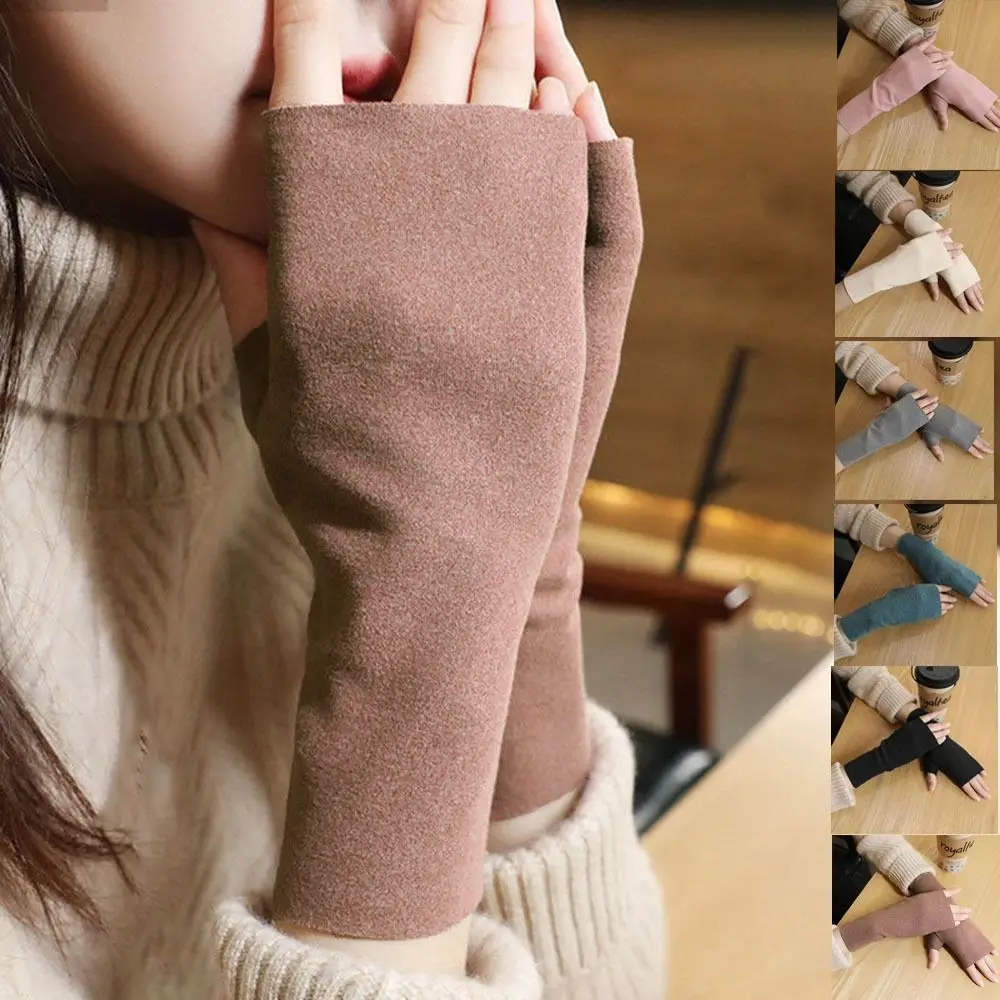 Touch Screen Winter Velvet Gloves Outdoor Riding Mittens Korean Style Half Finger Gloves Wristband Warm Driving Warm Gloves