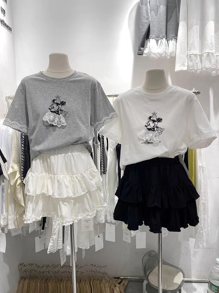 

Новинка: Летний повседневный женский топ оверсайз с круглым вырезом, кружевными вставками и принтом, свободного кроя, в корейском стиле