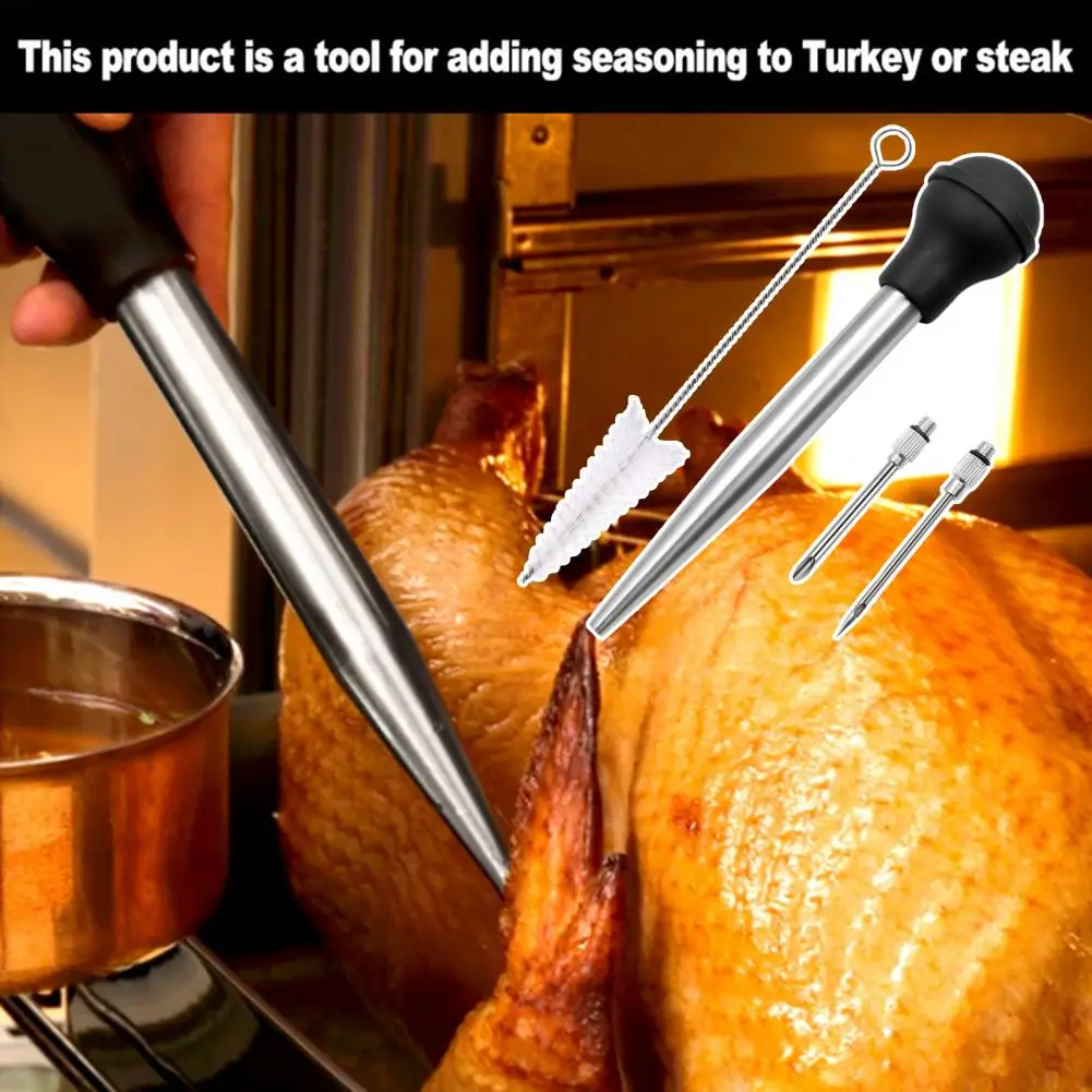 Turkey Baster with Silicone Suction Bulb Includes Cleaning Brush Stainless Steel Turkey Oil Dropper Flavor Needle Kitchen Gadget