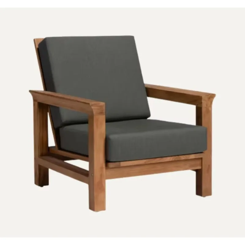 Outdoor Garden Single Sofa Solid Teak Wood Armchair Thick Removable Fabric Cushions Tropical Soft Handmade Hotel Patio Seating