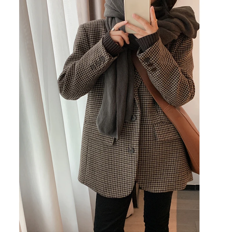 Khaki Plaid Woolen Suit Jacket Women's Loose Slimming Korean Style Autumn Winter New Arrival Fashion plus Size Polyester Fiber