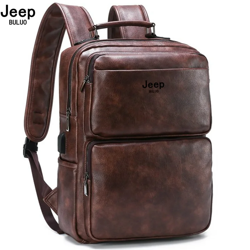 JEEP BULUO Big Brand 14 inches Laptop Bags Large Capacity Backpack Outdoor Travel Men's Travel Split Leather Bags