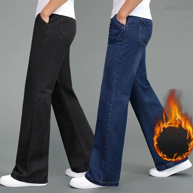 

2025 High Quality Men Winter Warm Fleece Wide Leg Jeans Business Casual Flare Pants Mid Waist Velvet Trousers