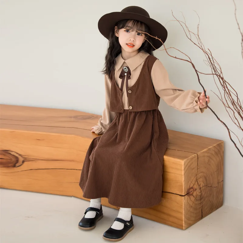 

2025 Autumn Children Girls One-piece Dress Turn Down Collar Long Sleeves Kids Girls Dress Korean Patchwork Junior Girls Dress