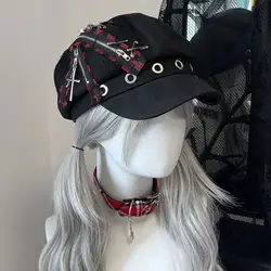 Japanese Subculture Hottie Beret Hat Punk Gothic Cross Plaid Unisex Peaked Cap Metal Leather Rivet Head Clamp Women Head Band