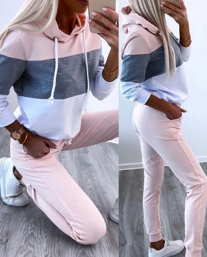 

Women's Urban Suit 2025 Autumn Winter Latest 2 Piece Colorblock Long Sleeve Hoodie Cuffed Casual Pants with Pockets Tracksuit