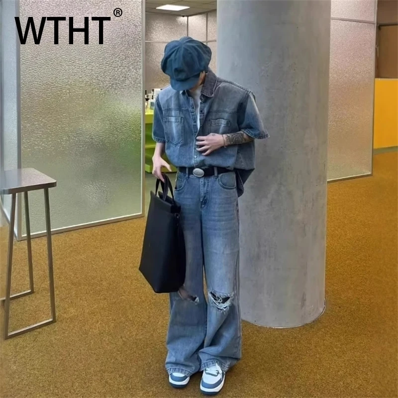 WTHT Fashion Men's Gradient Short Sleeves Lapel Denim Shirts Trendy New 2025 Summer Hole High-waisted Loose Jeans Male 2A0812