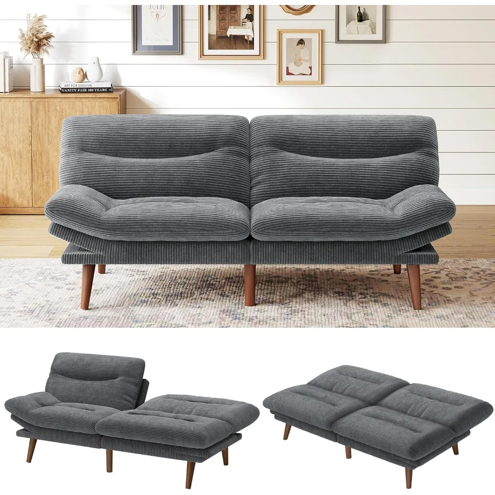 

Adjustable Futon Sofa Bed with Wood Frame, Corduroy Futon with Adjustable Backrest & Armrests, Futon Couch for Small Apartment