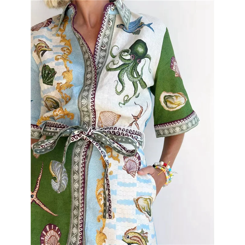 ASDS-ชุดเดรสผ้าลินินแขนสั้นผู้หญิงมีเข็มขัดคาร์ดิแกนผูกฤดูร้อนกระโปรงทรงเอทรงพลิ้วสบายๆ