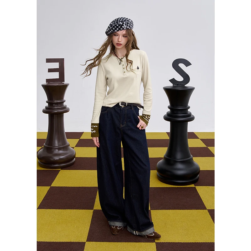 ELFSACK 2025 invierno nuevas llegadas Linda manga empalmada cuello redondo Camiseta de manga larga para mujer