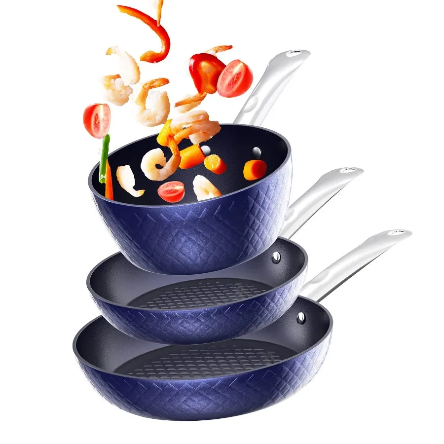 

Frying Pan Sets Non Stick 3Pieces Blue 3D Diamond Cookware