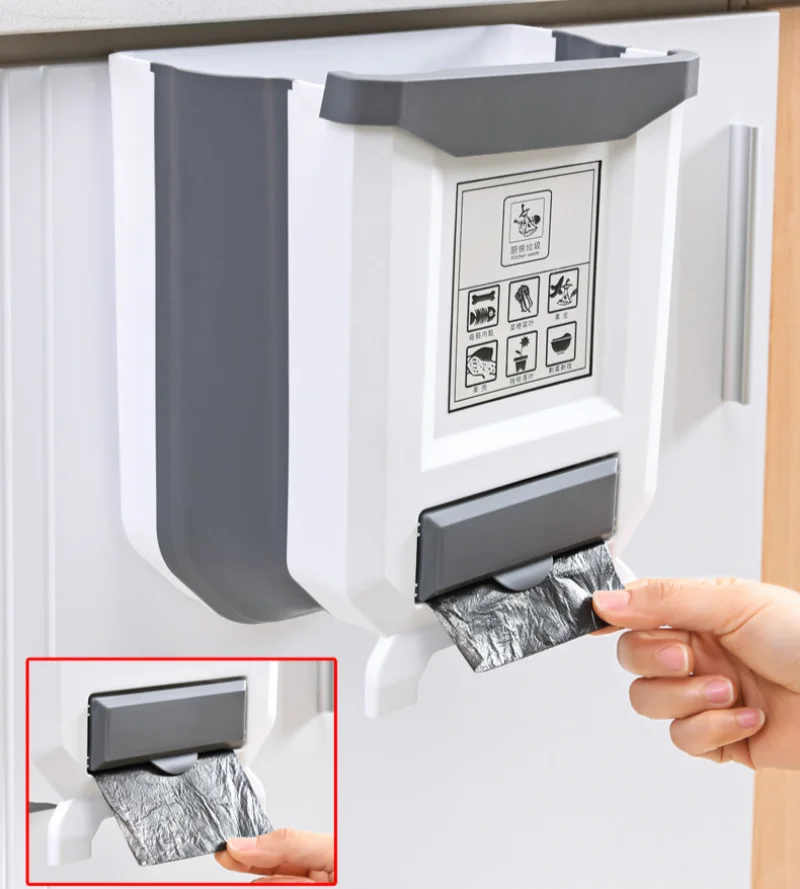 9L Folding Waste Bin Kitchen Cabinet Door Hanging Trash Can Wall Mounted Trashcan for Bathroom Toilet Garbage  Storage WJ40911 image 4