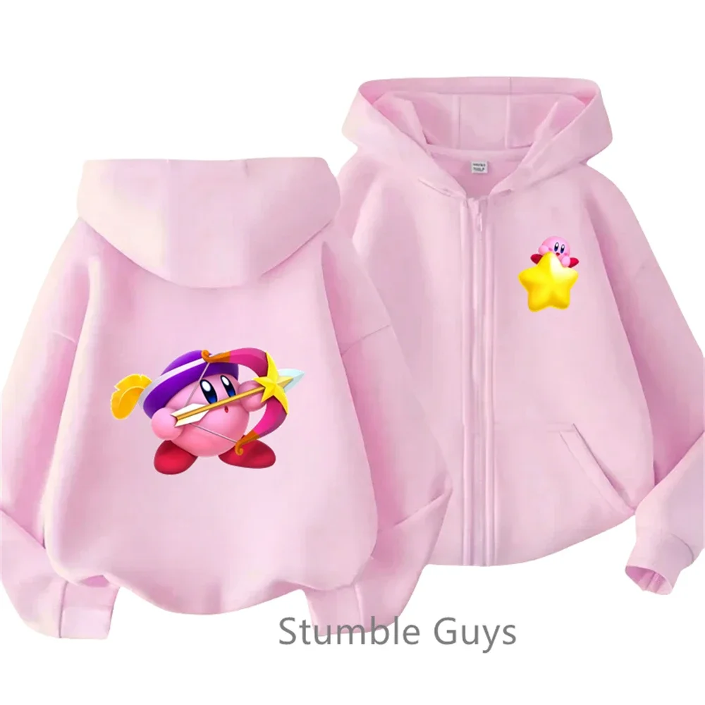 Sudadera con capucha de manga larga con cremallera para niños, traje de chándal Kawaii, sudadera de Anime para niñas, Tops casuales para niños, Kirbys de estrellas de moda