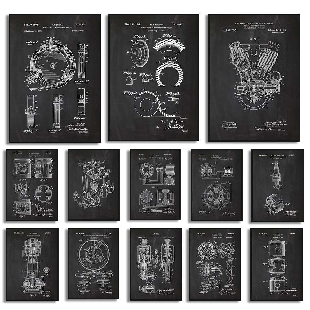 Engine Motor Mechanic Blueprints Poster Vintage Mechanical Enthusiast Wall Art Picture Decor for Living Room Home Decoration