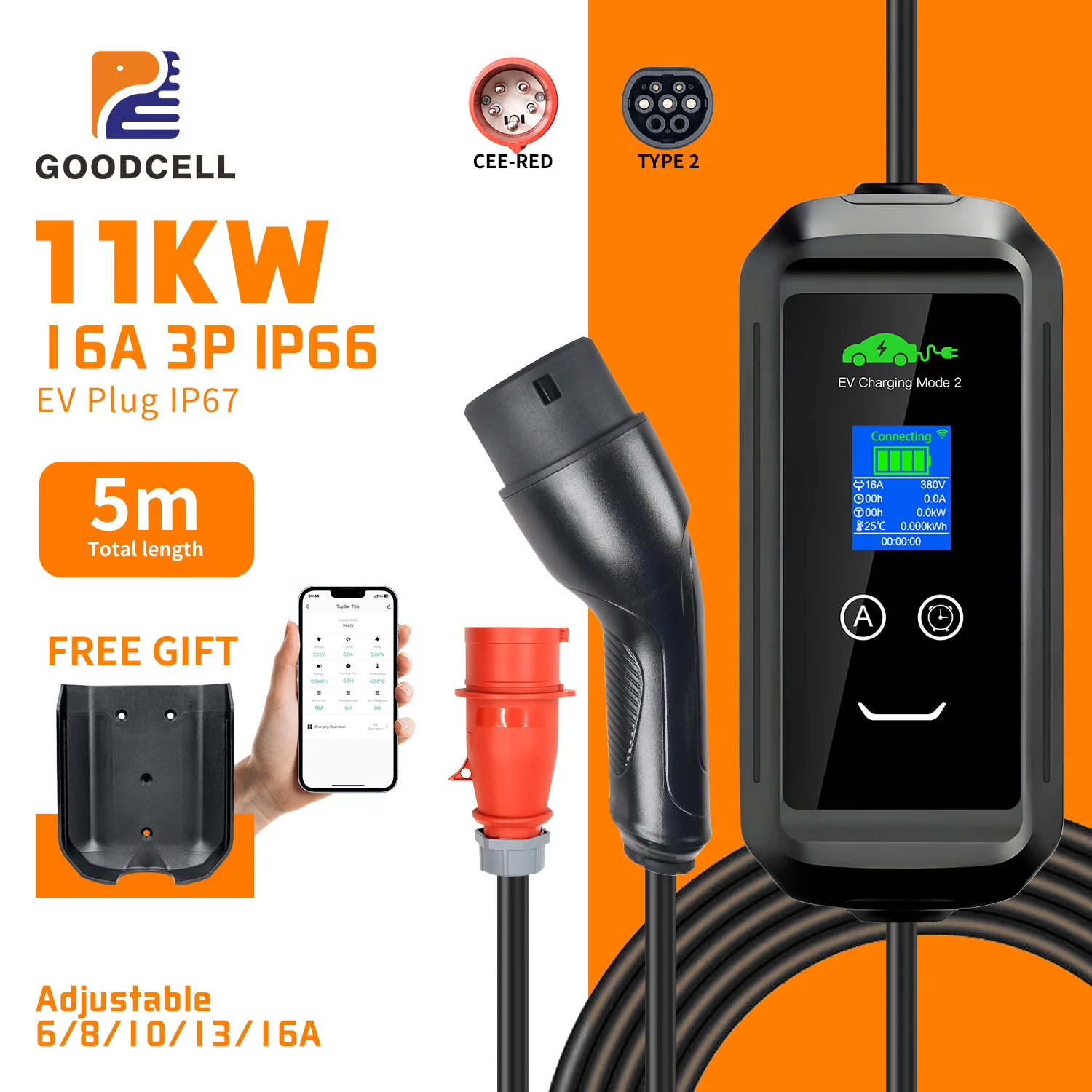 

GOODCELL Type2 EV Charger APP WIFI Bluetooth Support 16A 3P 11KW EU Plug For Home Charge Delay Control By Phone IP66