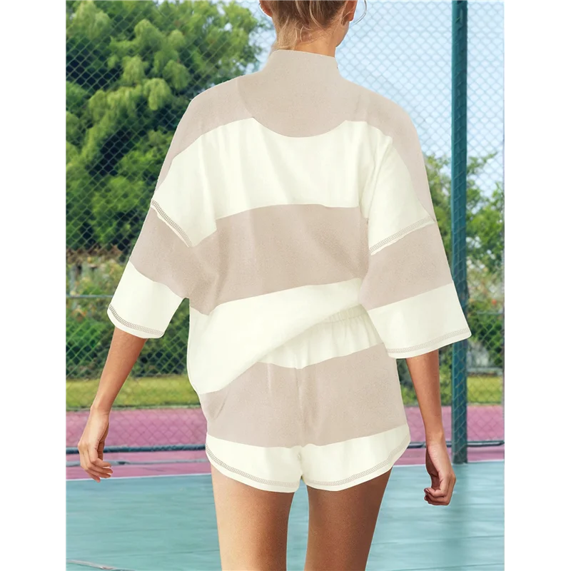 

ASDS-Women Striped Workout Set Two Piece Outfit Tracksuit Oversized Lounge Set Top And Shorts Sets With Pockets