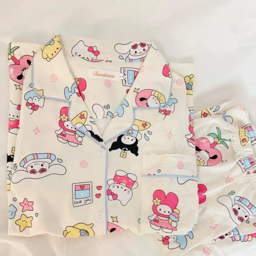 2Pcs Cute Cartoon Melody Hello Kitty Pajamas Suit Sanrioed Anime Kawaii Women Spring Tops Pants Loungewear Homewear Sweet Girls