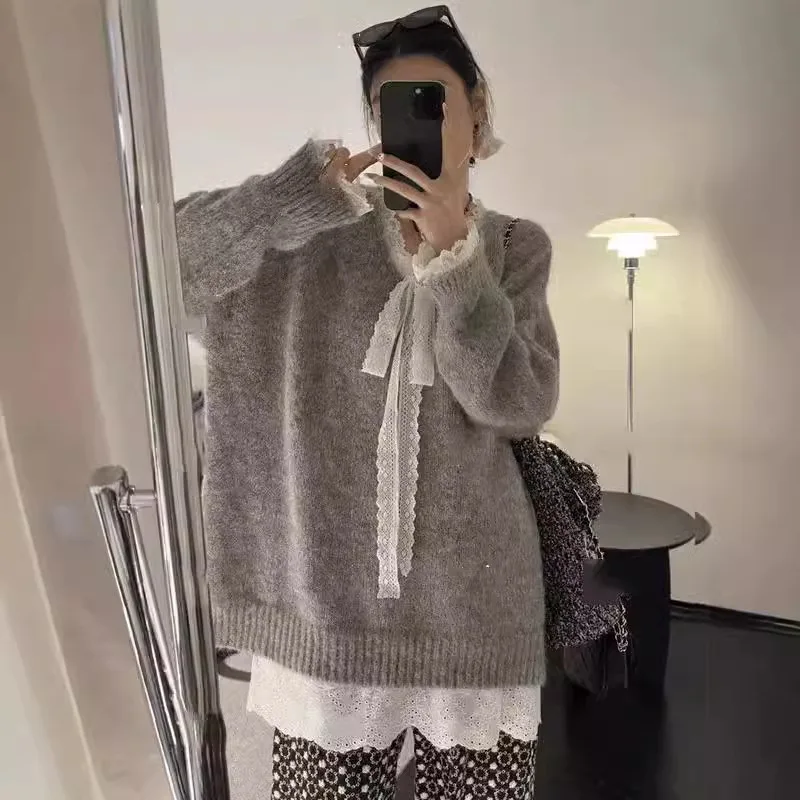 

Design Inspired Lace Ribbon Soft and Sticky Pullover Sweater for Women in Autumn / Winter,Loose and Lazy Style Knitted Sweater