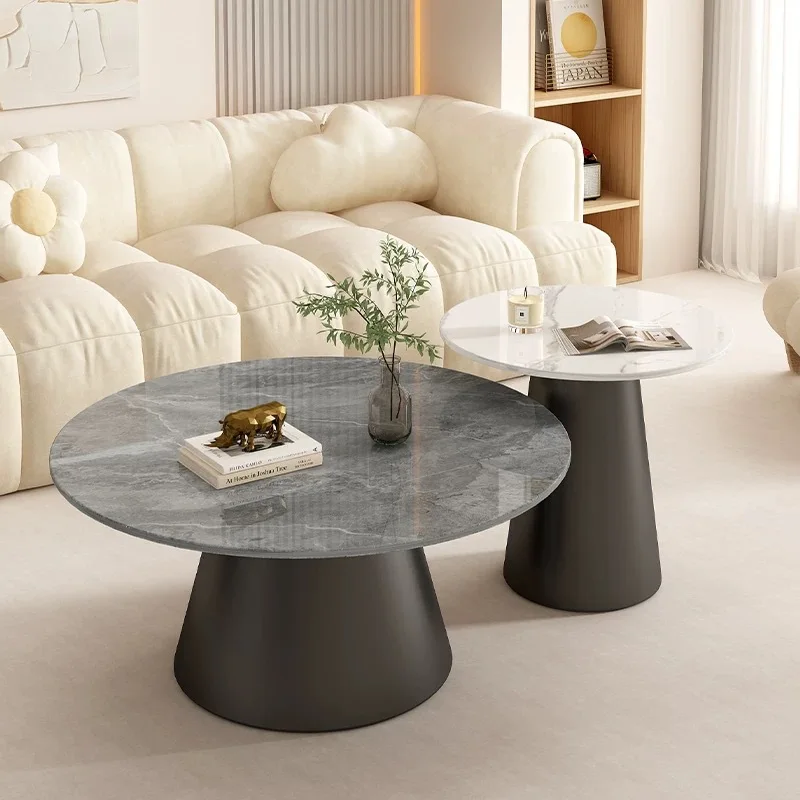 Rock slab coffee table living room household simple stainless steel round combination coffee table