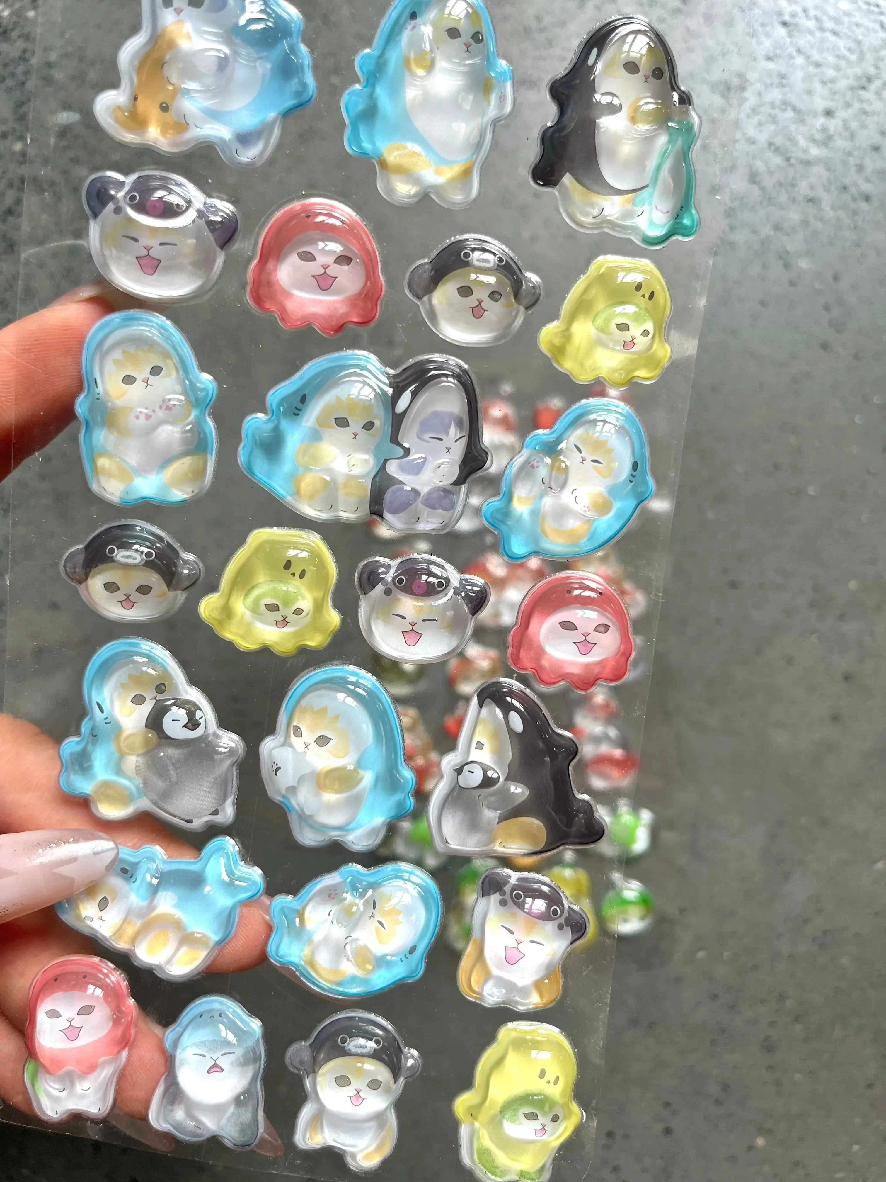 

Transparent Crystal Epoxy 3D Cat Stickers Kawaii Fruit Design Puffy Decals for Scrapbook Album Phone Kids Stationery Decor