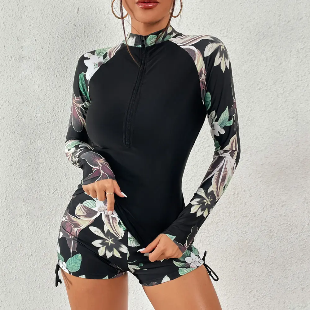 

Women's Surfing Rash Guard Swimwear Long Sleeve Rashguard Biking Shirts Surf Top Retro Print Running Shirt Two piece Swimsuit