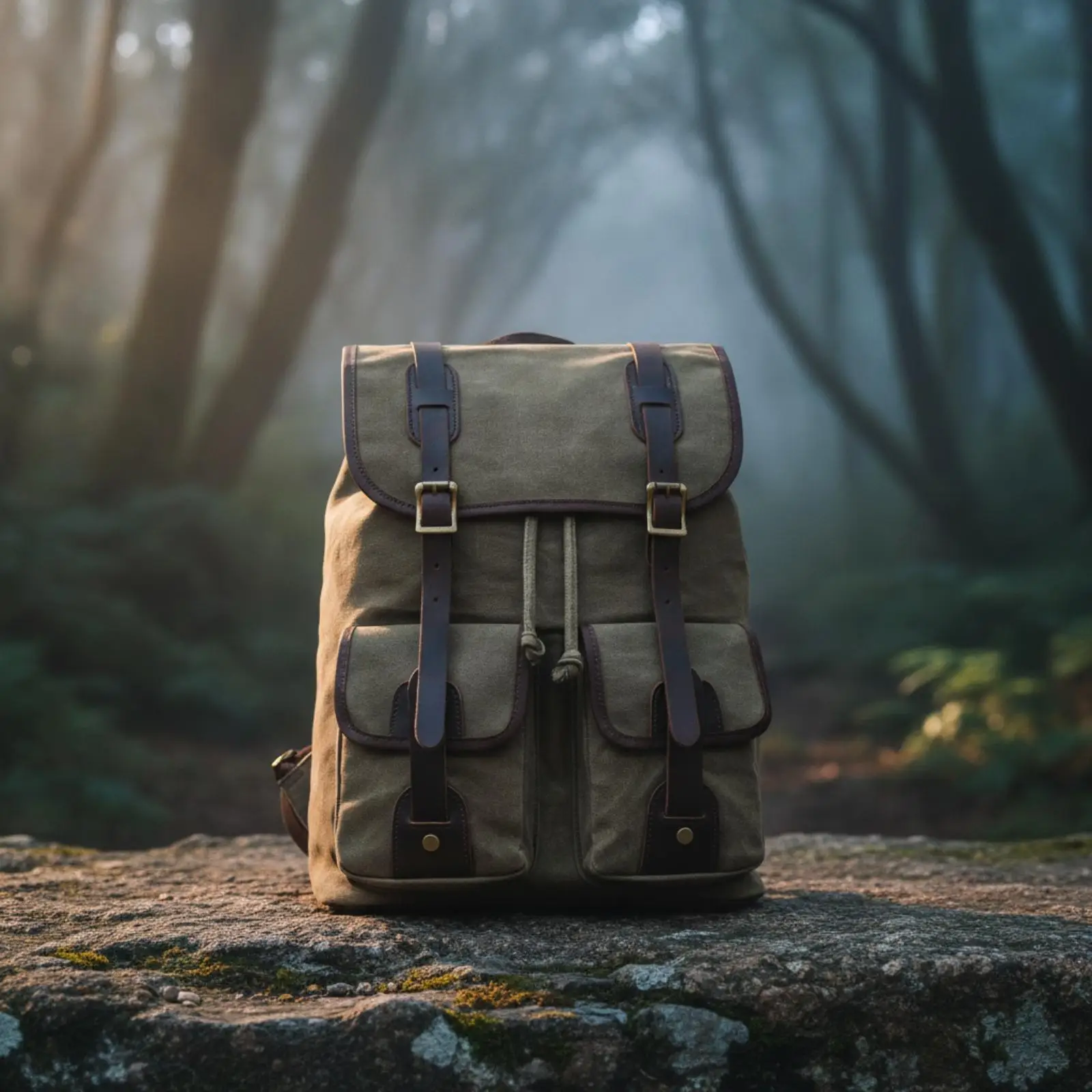 Multifunctional Waxed Canvas Rucksack for Weekend Trips Sports Backpack with Top Layer Cowhide Trim and Spacious Main Pocket