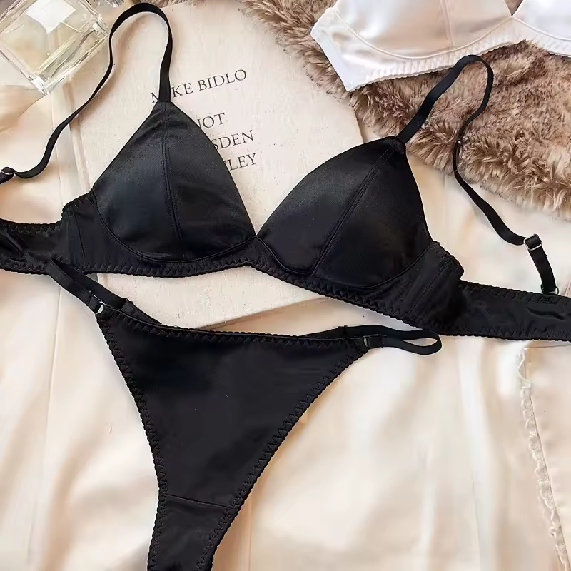 Summer Women Underwear Set Sexy Silken Triangle Cup Wireless Bras French Bralette Seamless Intimates Bra and Thong Lingerie Set - Image 8