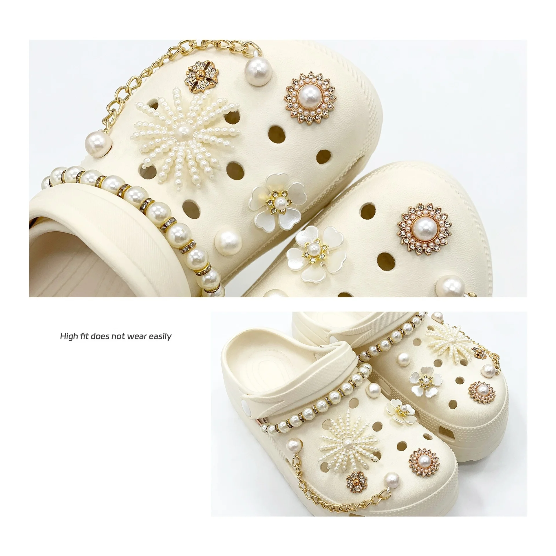 Goldene Blumen-Strass-Perlenkette als Schuhzubehör, DIY Abnehmbare Modische Schuhmodifikation, Lochschuh-Blume – Detail 8