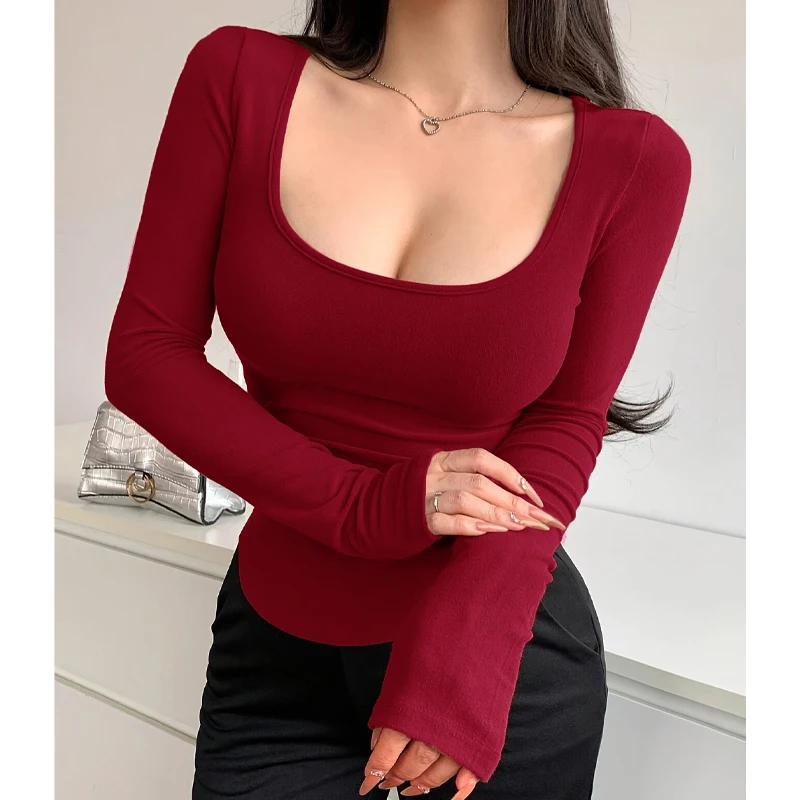 Autumn 2025 Women's Long Sleeve Crop Top Square Neck Slim Fit Basic Tee Y2K Streetwear Fashion Spring Fall Sexy Trendy Clothing