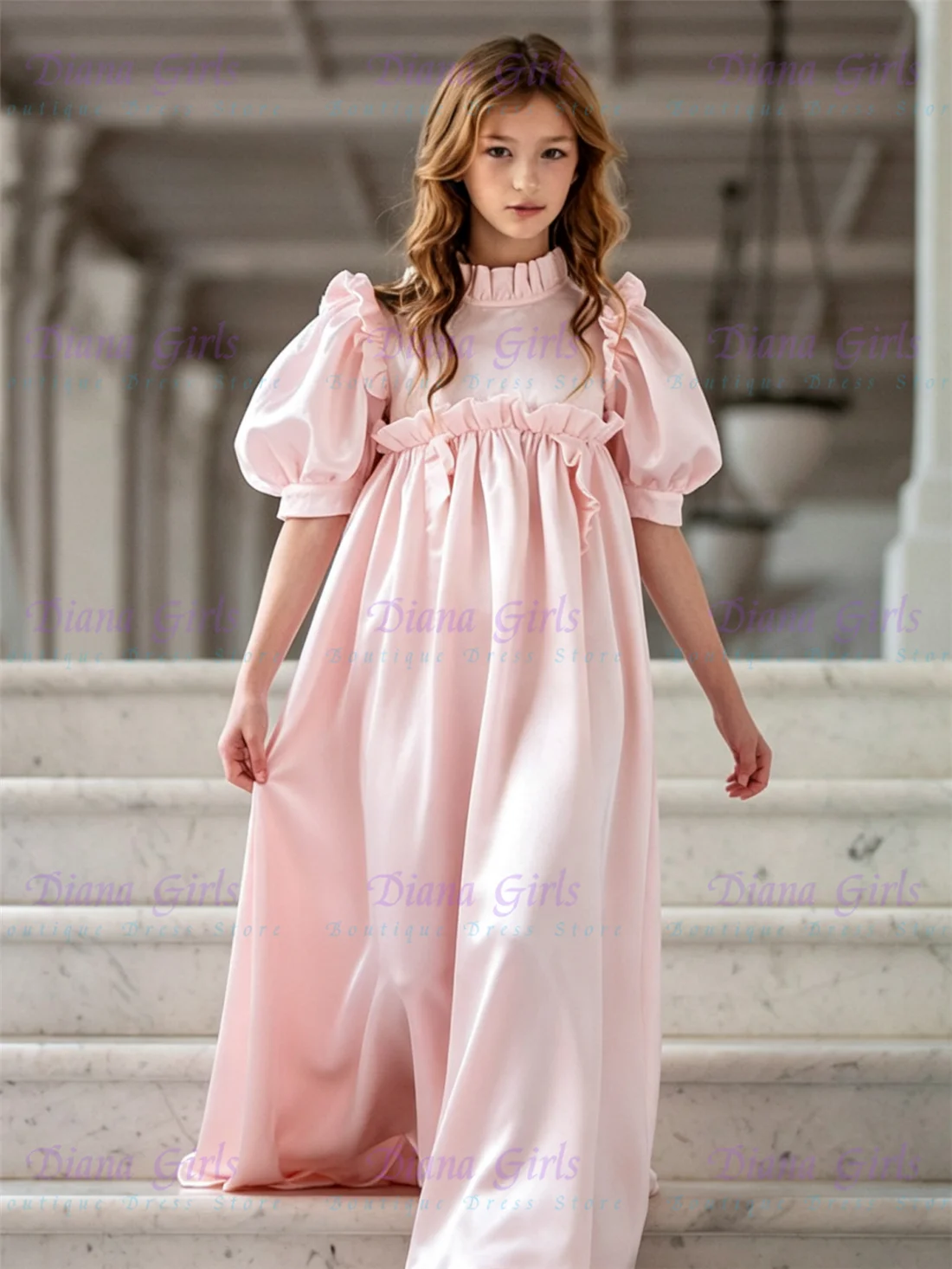 Hochwertiges Neues Liebliches Rosa Satin Flauschiges A-Linien Blumenmädchenkleid für Kinder Hochzeit Geburtstag Party Ball Abendkleider Anpassbar – Detail 1