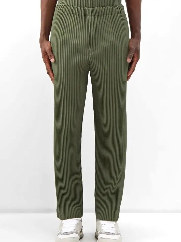 Men Japanese Issey MIYAKE Style Pleated Elastic Waist Loose JF150 Wide Leg Straight Casual Pants Streetwear Trousers Daily