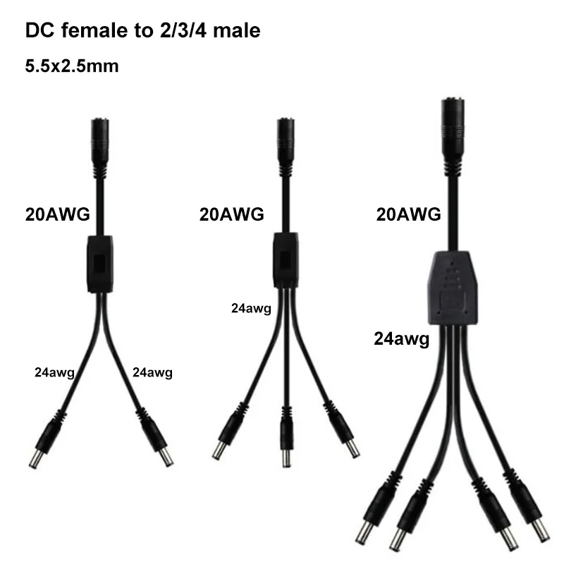 20awg 5A 1 DC Female To 2/3/4 Male Splitter plug 5.5x2.5mm Power supply Cord adapter Connector Cable for LED CCTV Camera a07