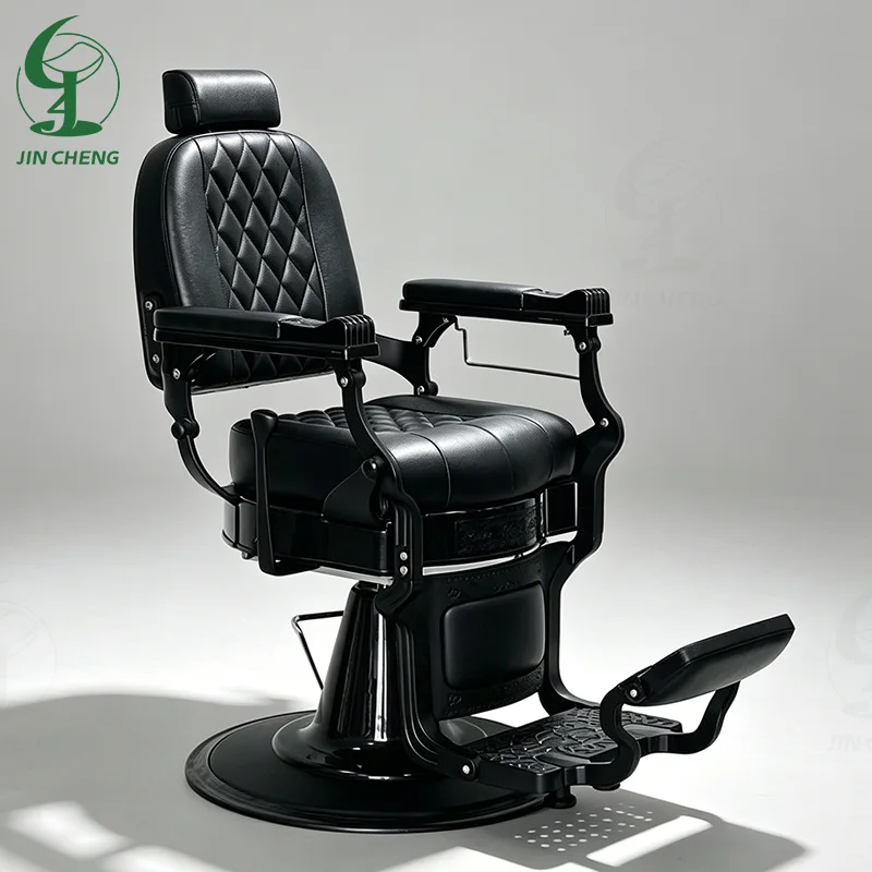 Jincheng Classic Luxury Modern Foldable Height Adjustable Barber Chair Black Frame Aluminum Alloy Synthetic Leather Retro Barber
