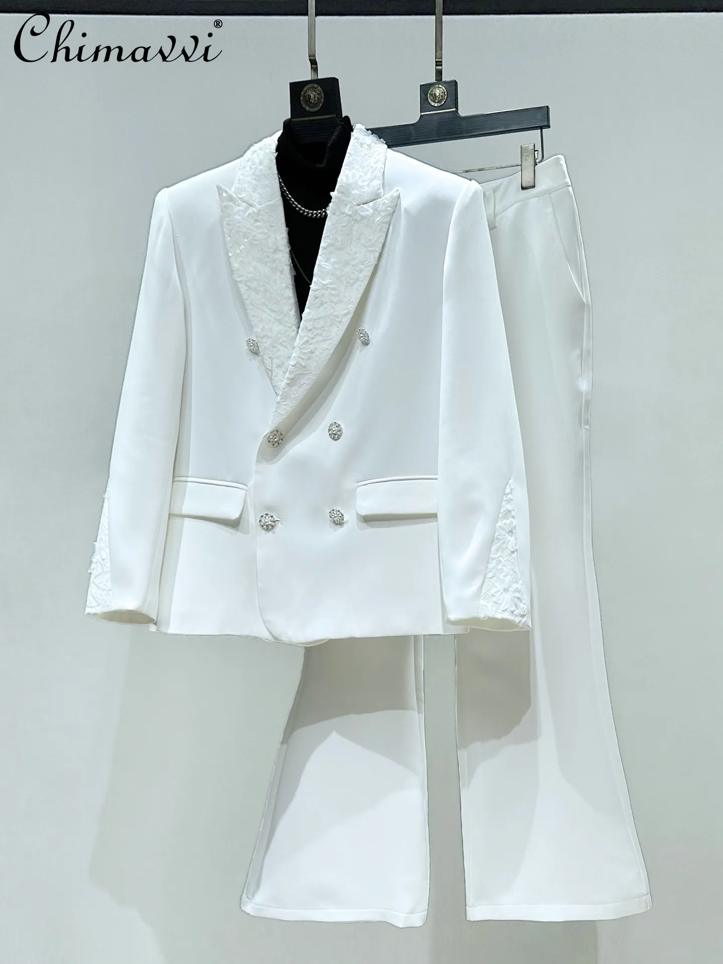 

Original Fashion Retro High-End Lace Patchwork Suits Sets for Men‘s Double-Breasted Blazer Jackets Flared Trousers Two-Piece Set