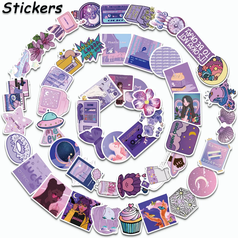 50PCS Cartoon Girl Series Sticker Purple INS Style Graffiti Decal For Laptop Luggage Fridge Guitar Skateboard Scrapbook Stickers