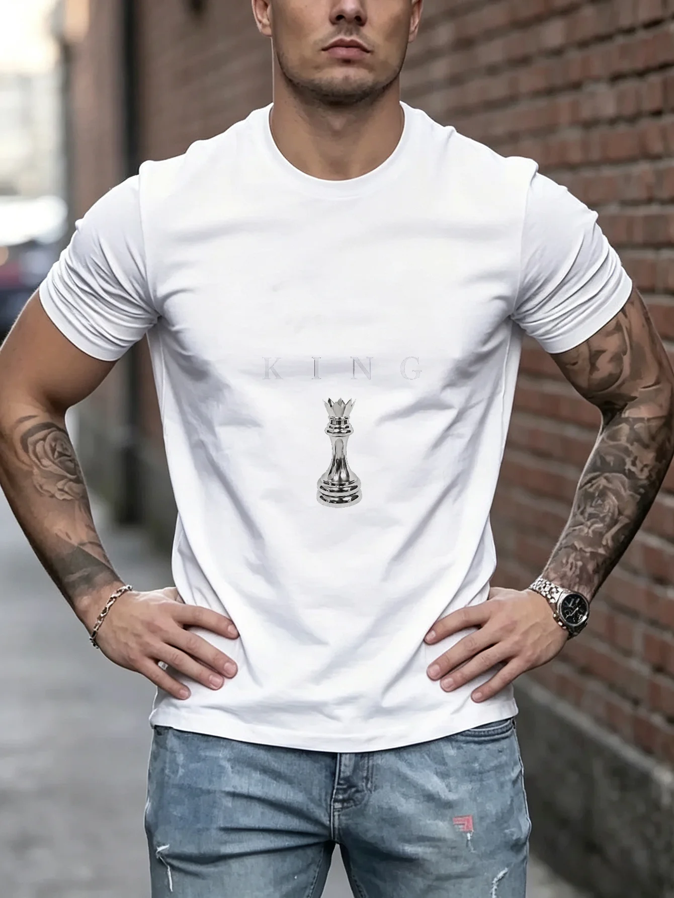 Unisex King Chess Piece Graphic TShirt Cool Silver Metallic Style, Modern Streetwear Casual Top, Minimalist Chess Lover Gift, Soft  Apparel