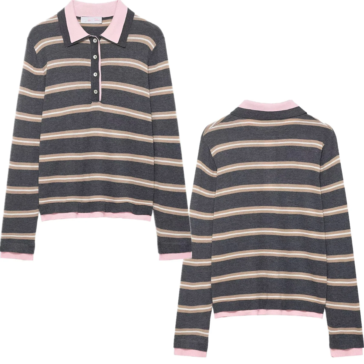 

Jenny&Dave 2026 Весенняя женская одежда: минималистичные ретро-топы-поло в розовую и серую полоску, женские трикотажные свитера с длинным рукавом