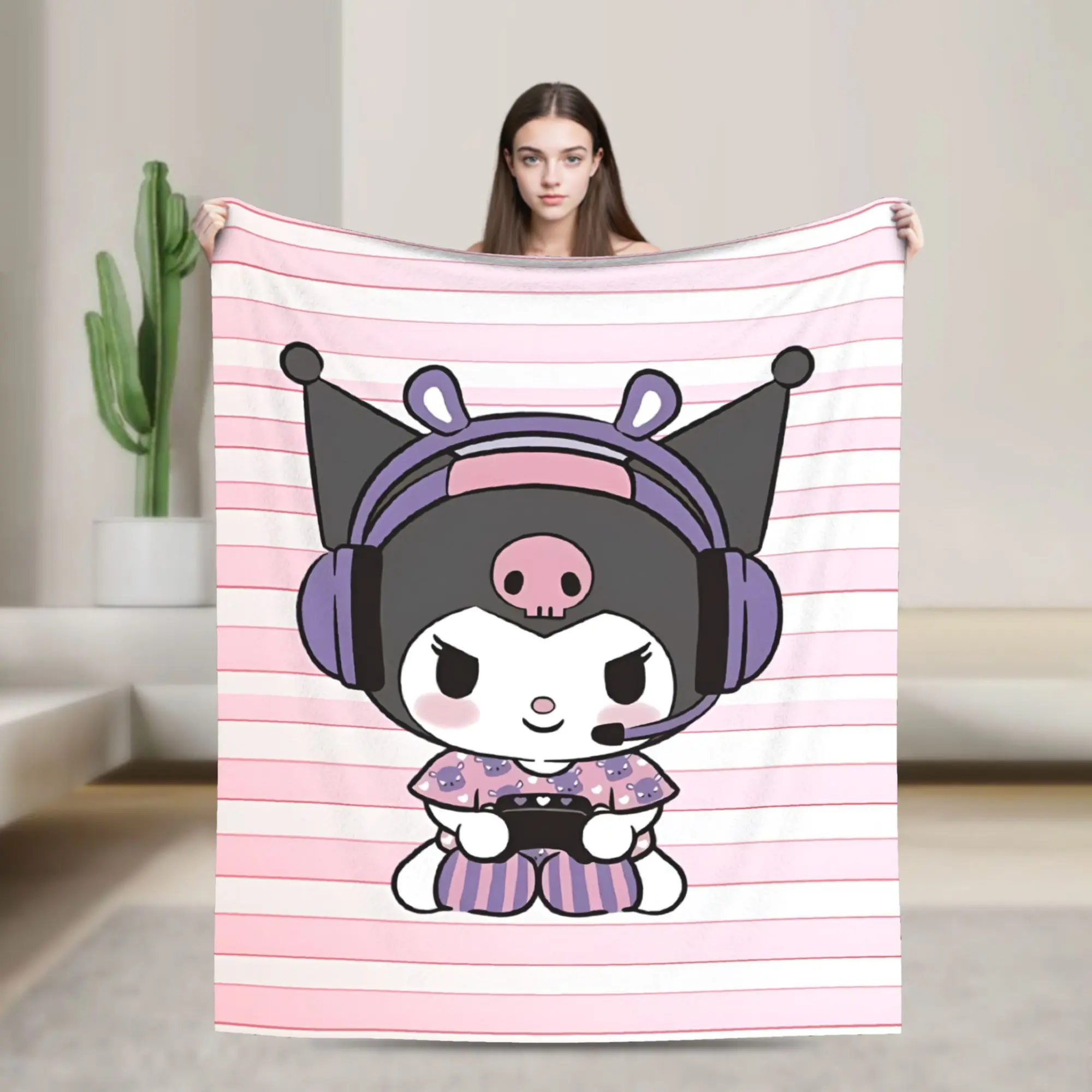 

Kuromi Blanket Flannel Printed Breathable Super Soft Throw Blankets for Sofa Travel Plush Thin Quilt
