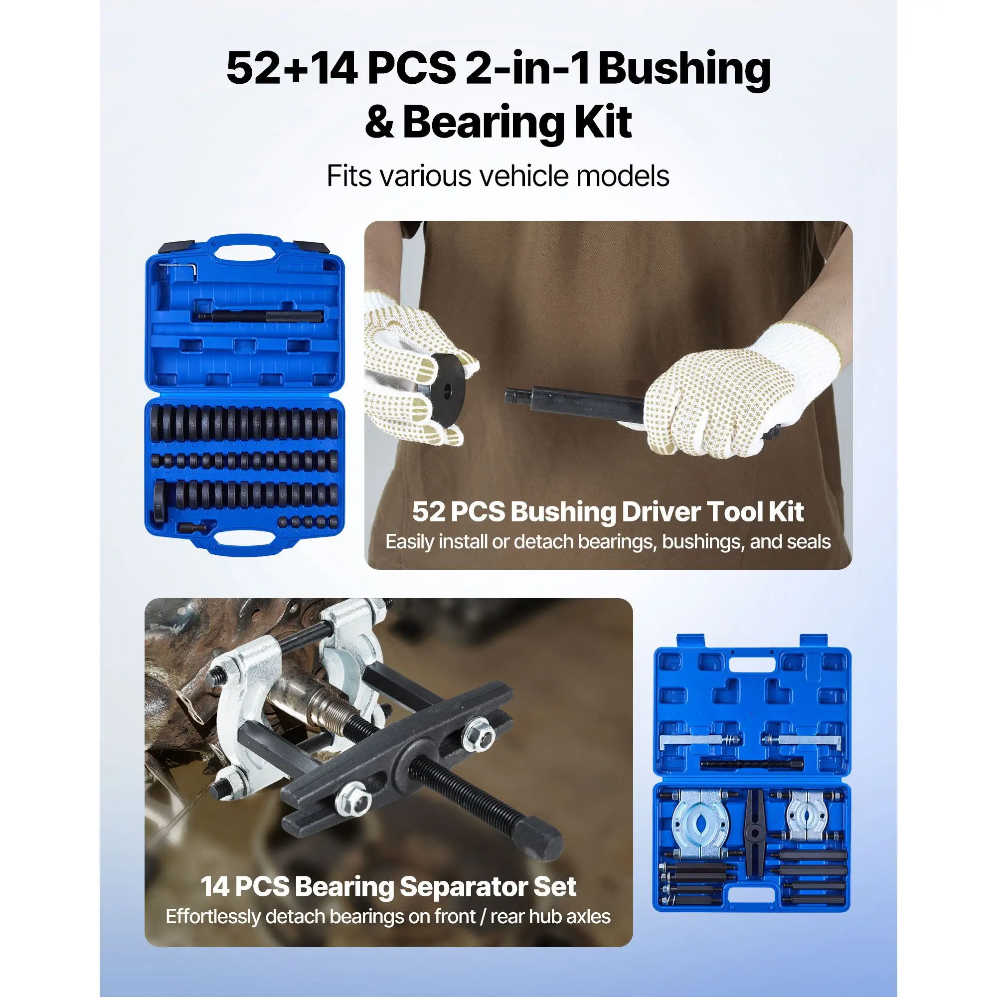 Bearing Press Kit, 52+14 Pcs, 2 in 1 Bushing Driver Tool & Bearing Press Kit, Race and Seal Driver Set with 49 Bushings