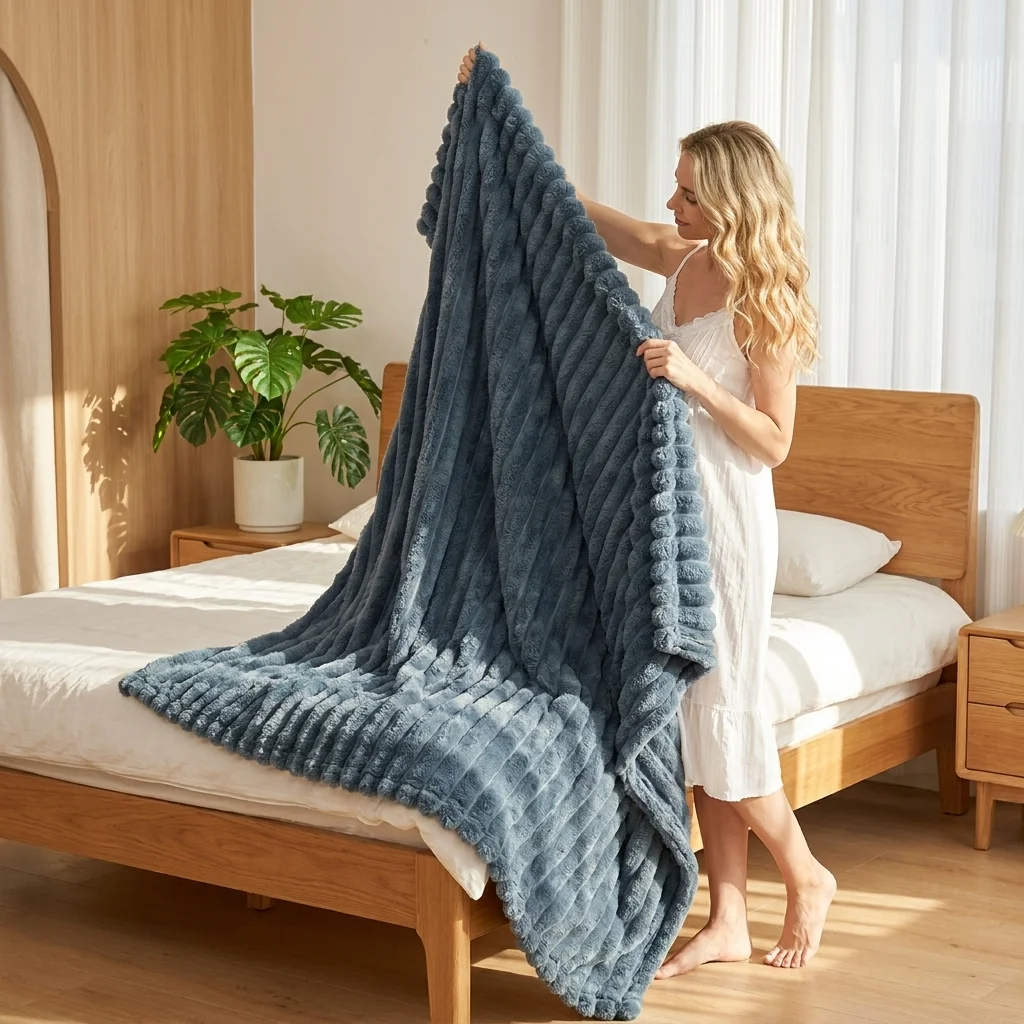 1PC Vertical Strip Plush Blanket Full Sizes Cozy Durable Fleece Throw Household Daily Use Bedding Blanket