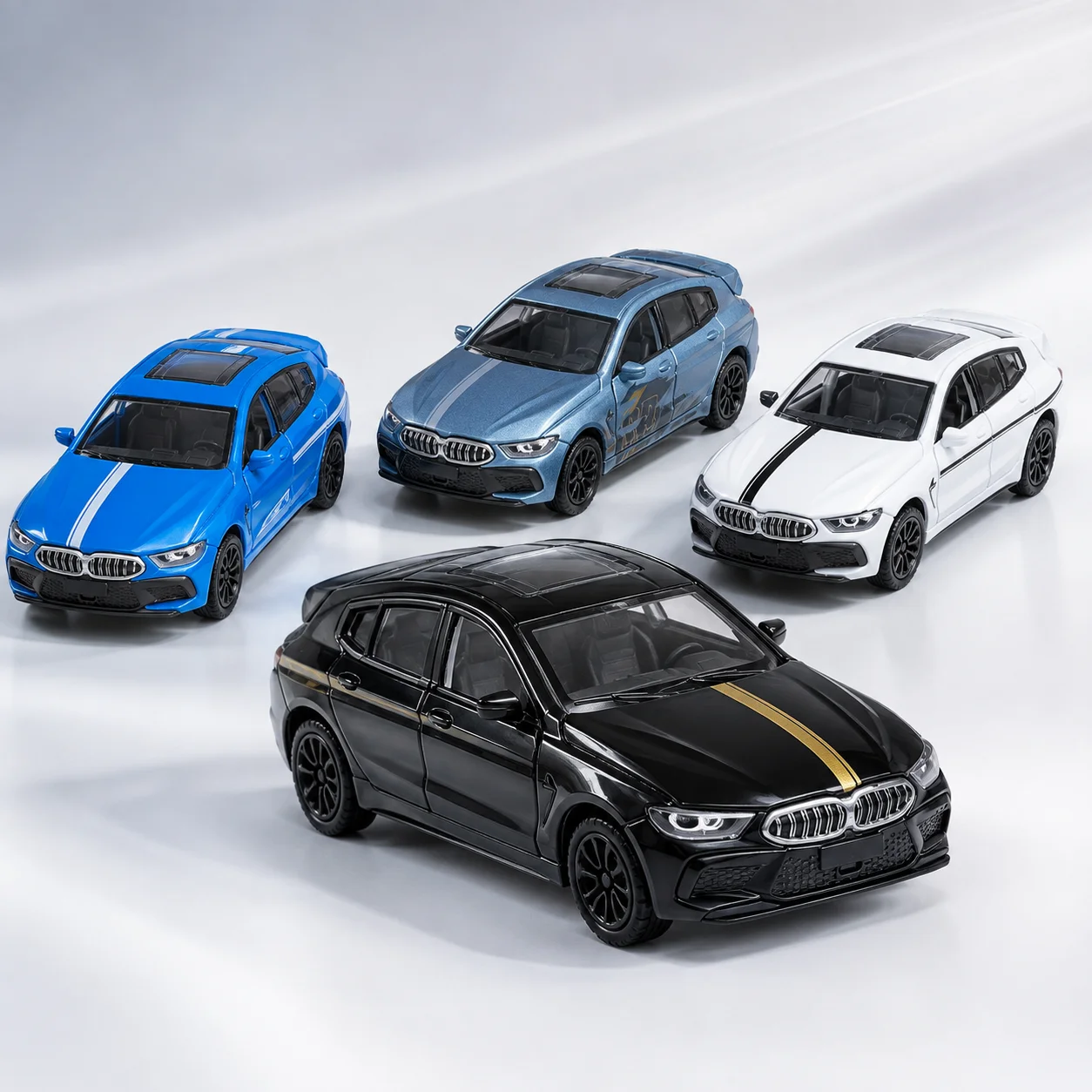 (Corrugated Box) 1/36 Scale, Striped 4-Door Sports Sedan Style Tabletop Decoration, for Home Decoration, Metal Casting